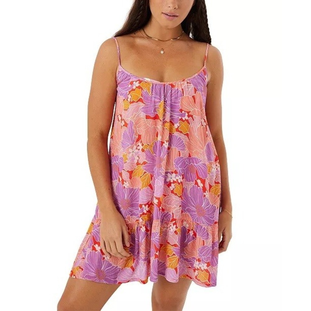 NWT Roxy Summer Flint Dress Women Pink Orange Floral Tropical Strappy Coverup XS